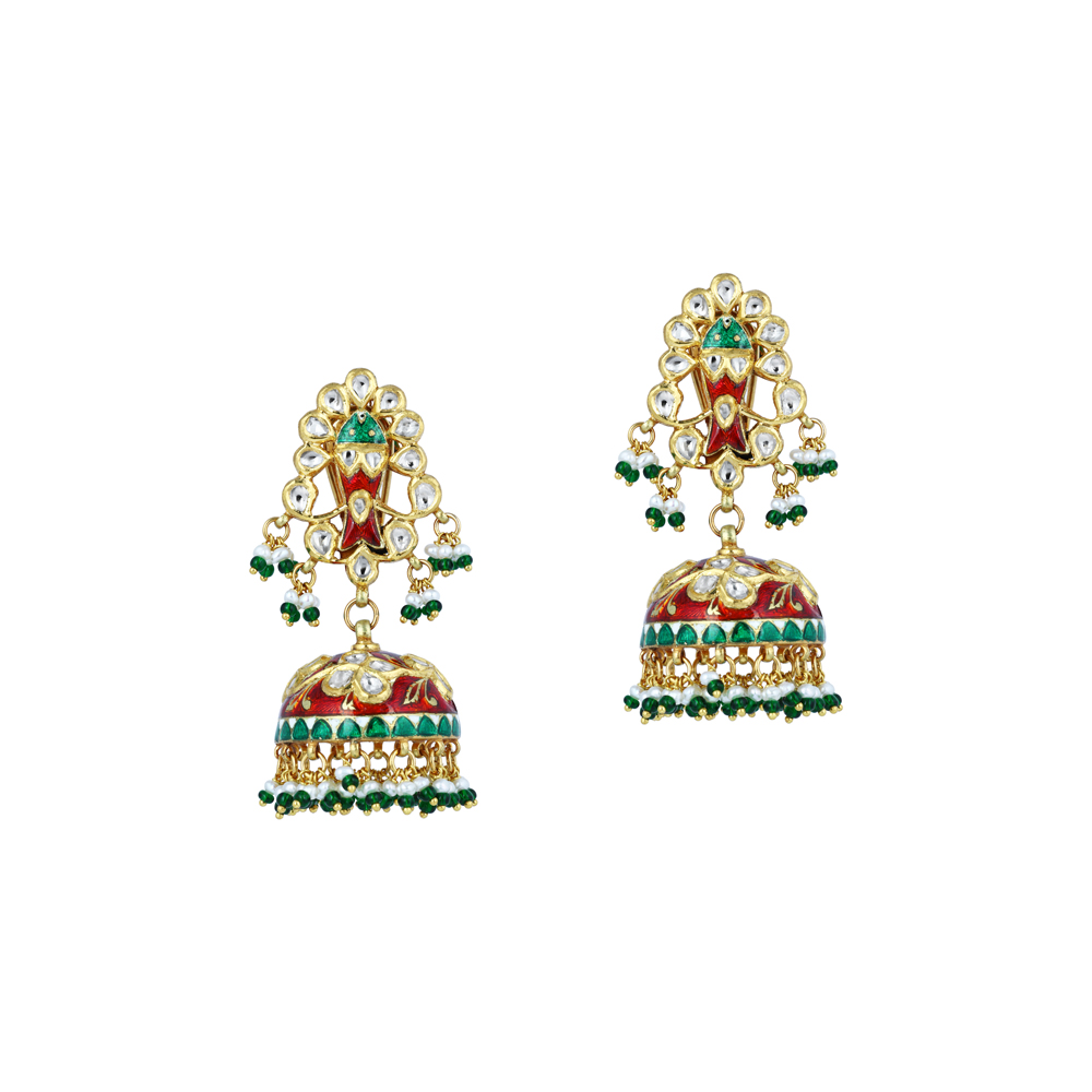 Polki Jhumka Earrings with Red-Green Enamel and Green Beads